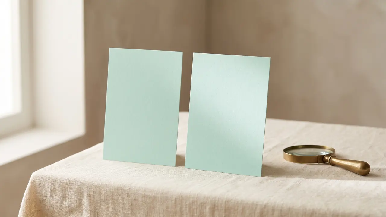 Två identiska mintgröna kort med ett förstoringsglas