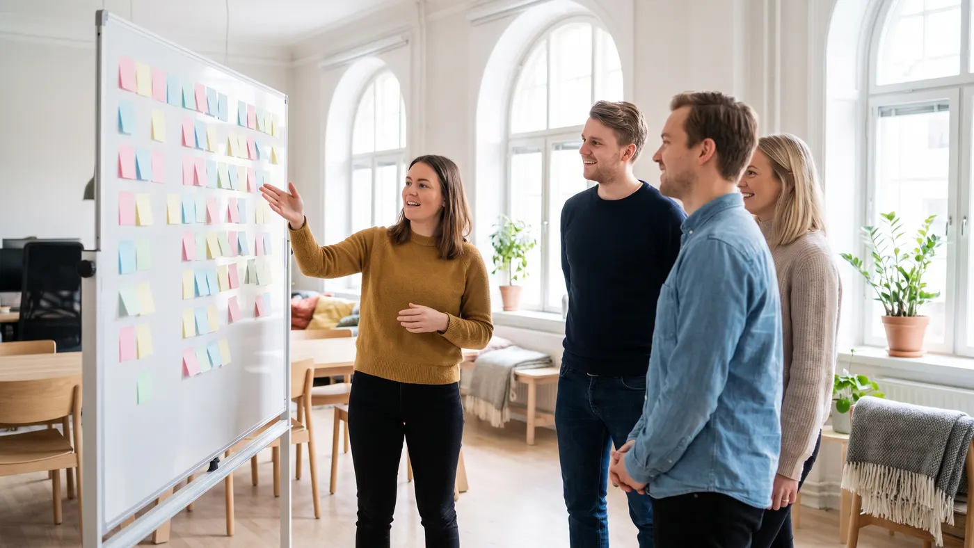 Marknadsteam framför en whiteboard med lappar