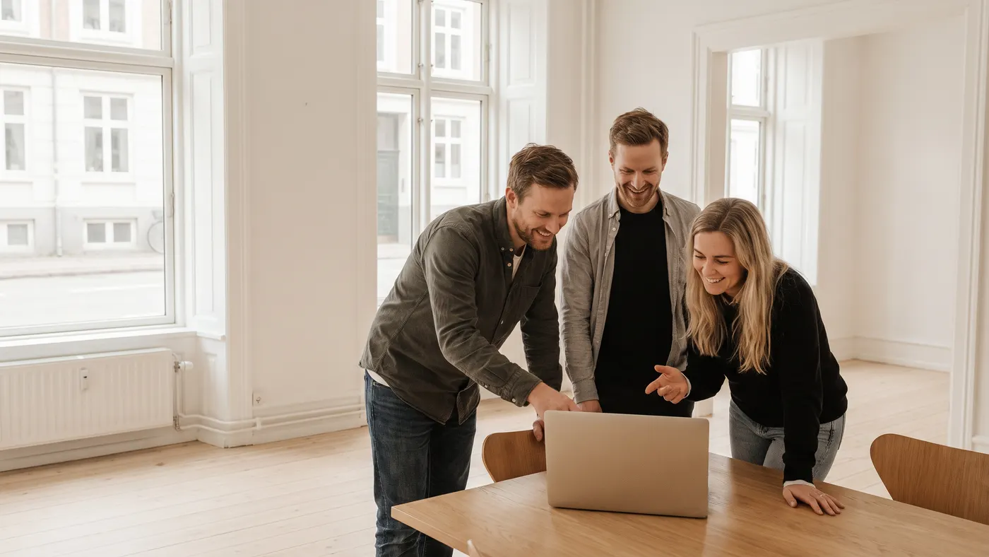 Tre kollegor kring en laptop i ljust kontor