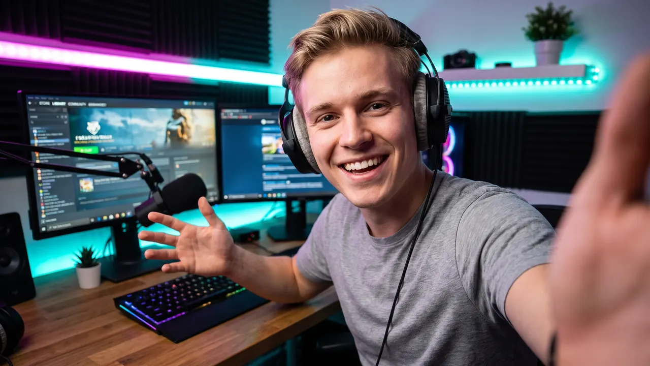 Streamer med hörlurar reagerar mot kameran