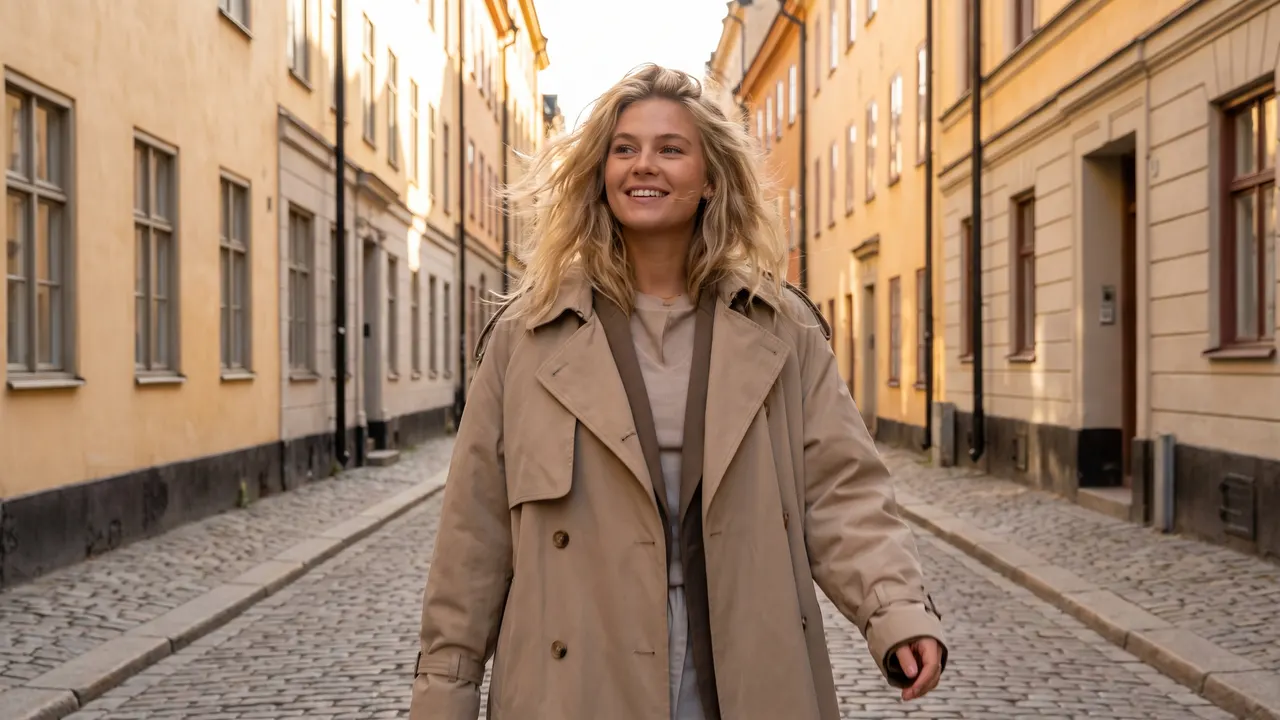Kvinna i beige kappa på en solig gata