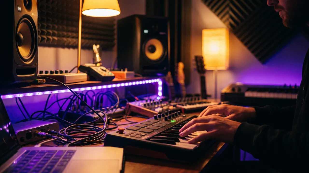 Musikproducent vid klaviatur i varmt ljus