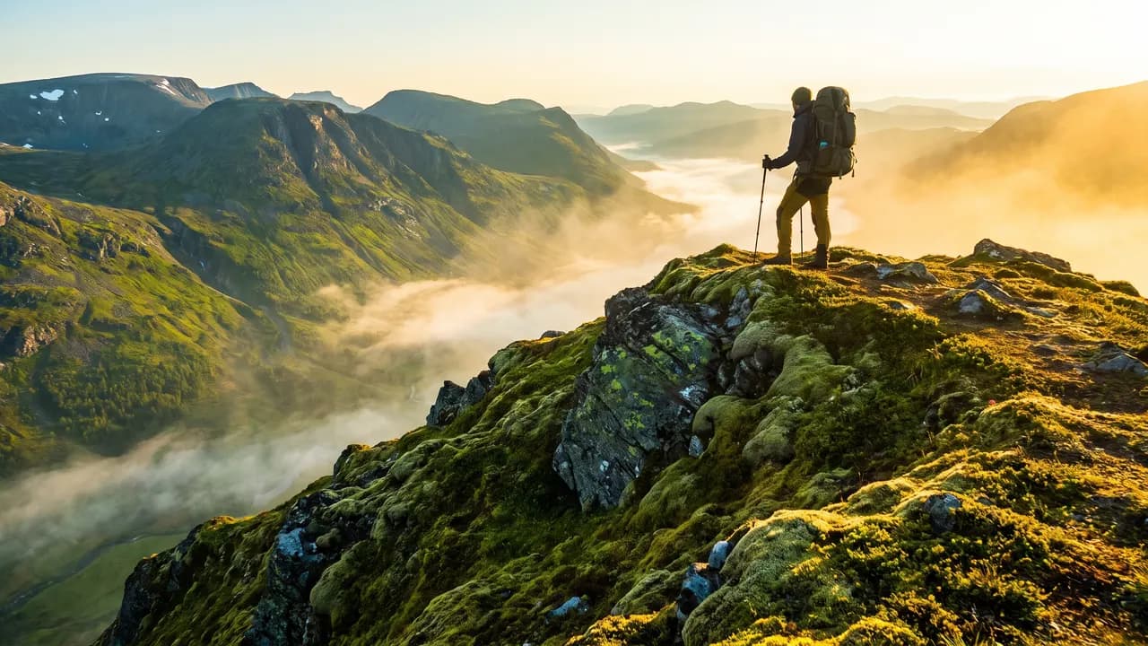 Vandrare på en bergsrygg i soluppgång